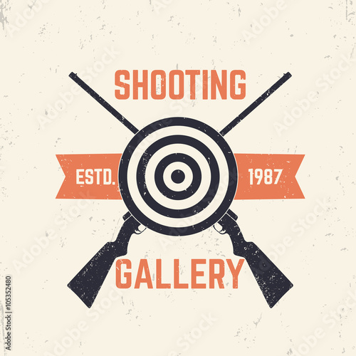 Shooting gallery logo with crossed rifles, vintage sign with hunting rifles and target, vector illustration