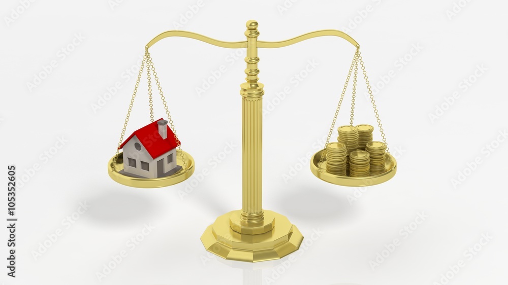 House and golden coins on scales House and golden coins on scales