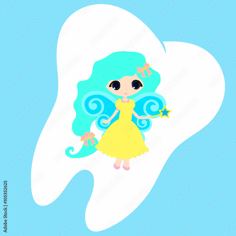  Cute cartoon tooth smiling, Princess Card little happy Tooth Fairy, white on a blue background, teeth vector icon illustration, first tooth logo