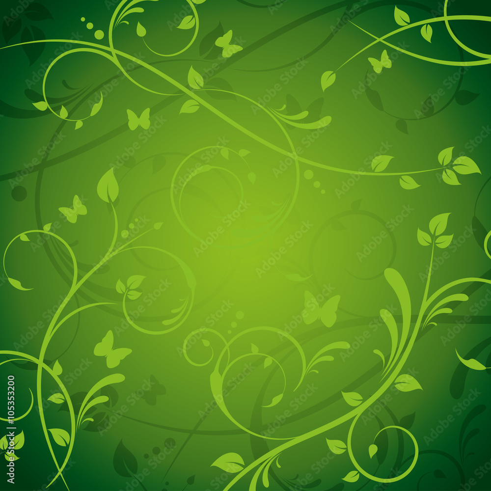 Green Ornate Floral Background with Butterflies