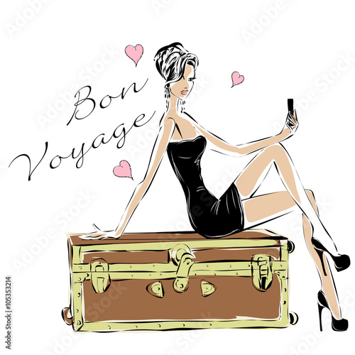 traveler fashion woman with suitcase taking selfie