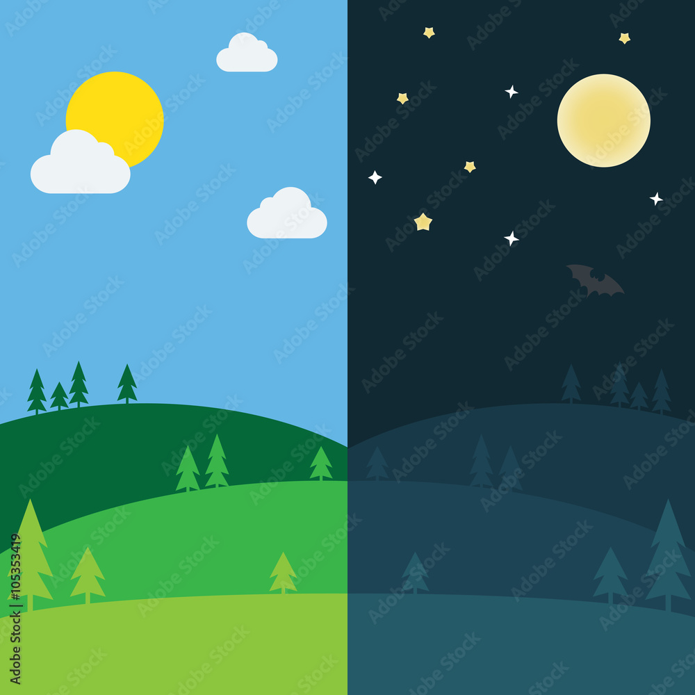 Equinox half day half night. Day and Night background with lanscape vector illustration