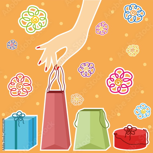 Vector hand holding a shopping bag. Shopping theme