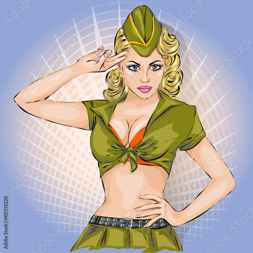 Pin-Up Sexy girl in military uniform saluting 23 February