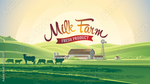 Rural landscape with farm and milk herd cows.