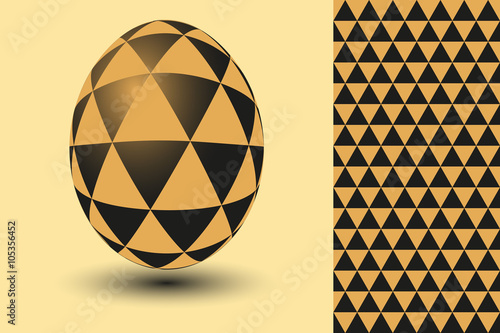 A floating decorated eastern egg and its gold triangles seamless pattern