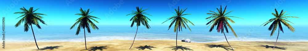 Panorama of tropical beach, palm trees on the beach, seascape