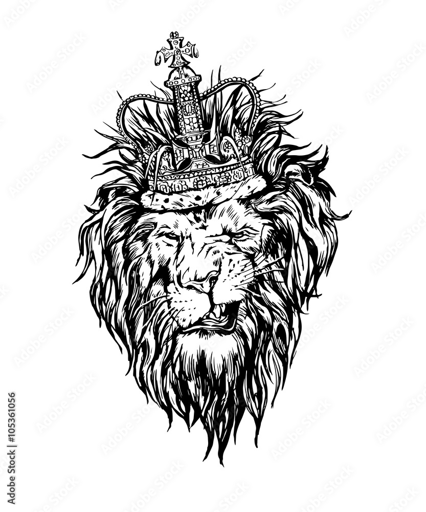 Fototapeta premium Hand drawn realistic lion in crown character.