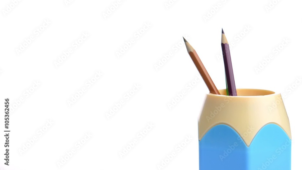 Hand drop pencils in holder isolated on white background. Close up Full HD video Hand drop pencils in holder isolated on white background. Close up Full HD video