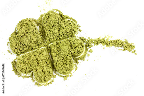 Matcha tea, cloverleaf, white background