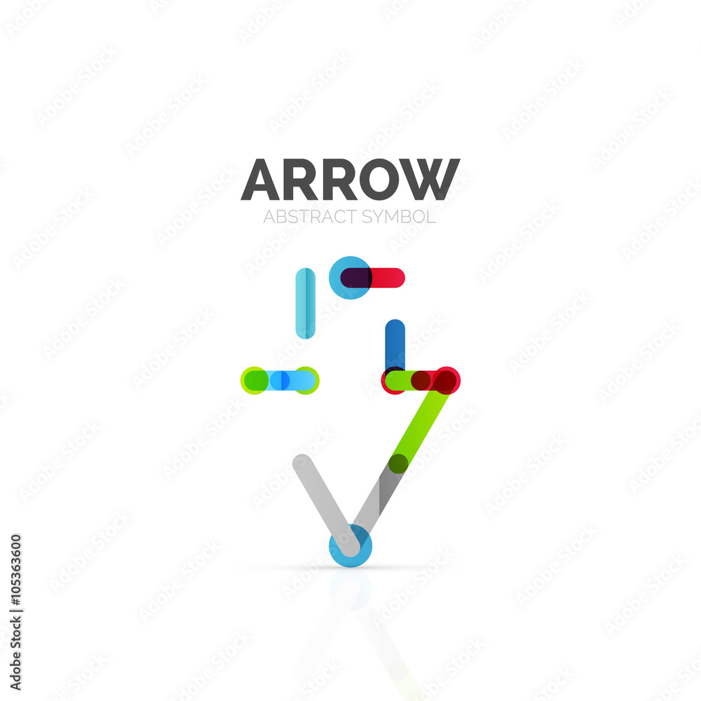 Linear arrow abstract logo, connected multicolored segments of lines in directional pointer figure Linear arrow abstract logo, connected multicolored segments of lines in directional pointer figure