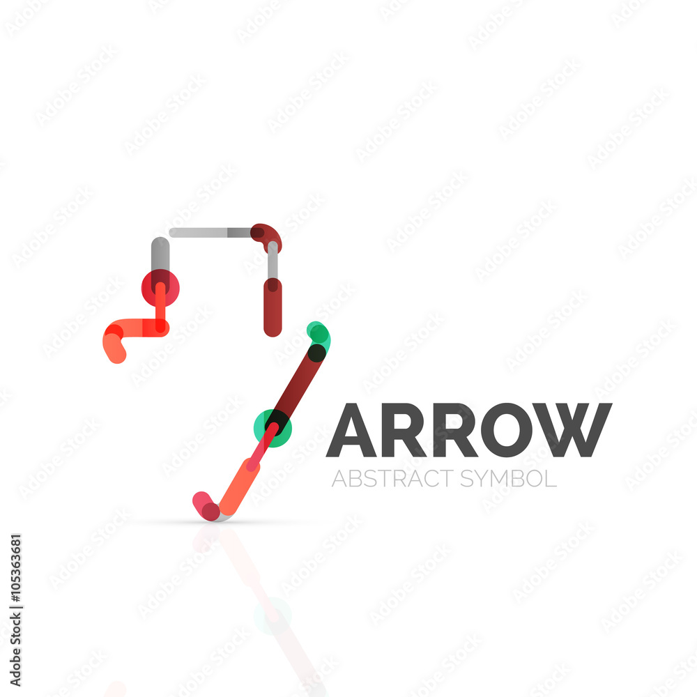 Linear arrow abstract logo, connected multicolored segments of lines in directional pointer figure Linear arrow abstract logo, connected multicolored segments of lines in directional pointer figure