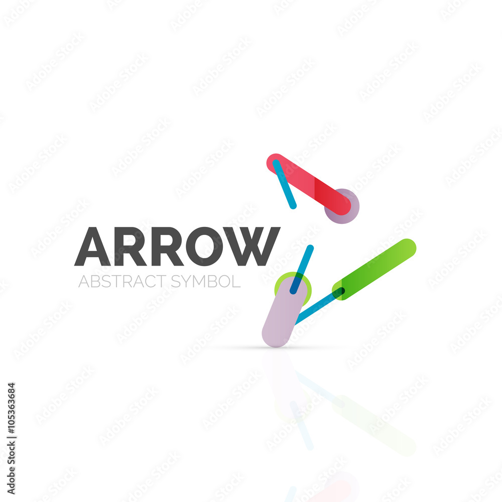 Linear arrow abstract logo, connected multicolored segments of lines in directional pointer figure Linear arrow abstract logo, connected multicolored segments of lines in directional pointer figure