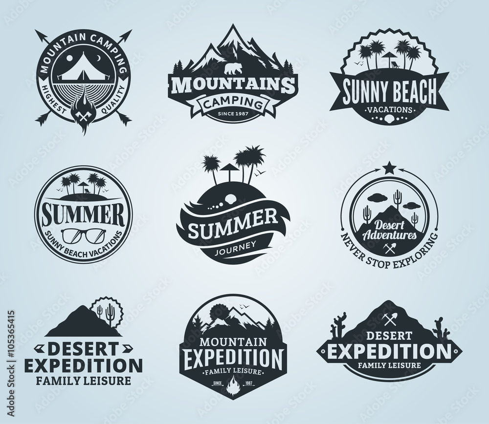 Obraz premium Set of vector summer, mountain and outdoor adventures logo