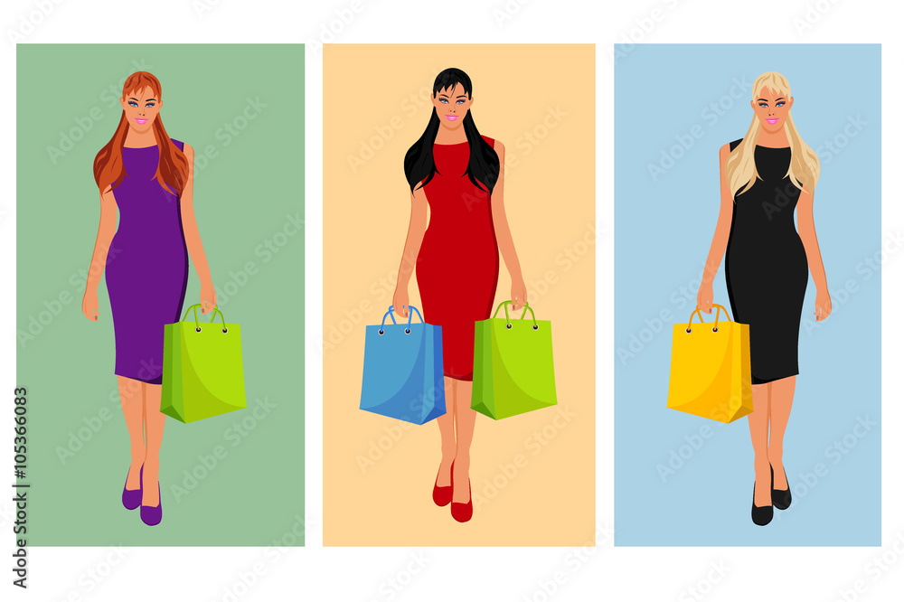 Beautiful woman with shopping bag, vector illustration