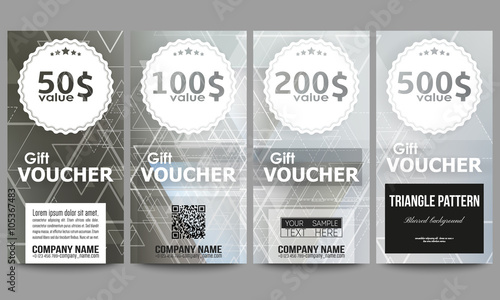 Set of modern gift voucher templates. Abstract blurred vector background with triangles  lines and dots