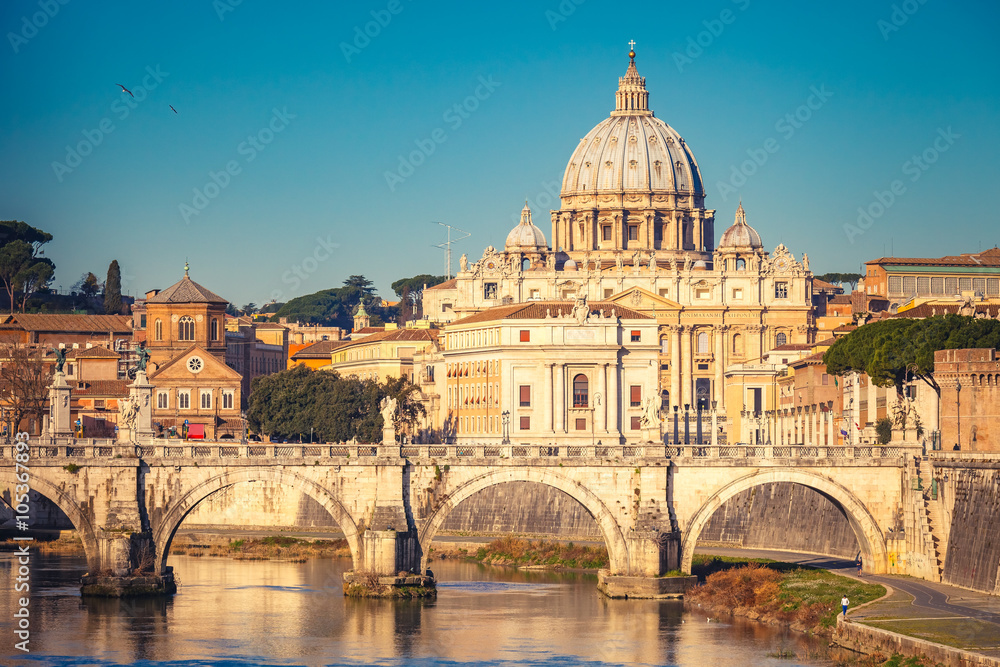 View at Tiber and St. Peter's cathedral in Rome