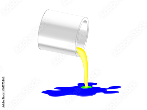 Bank with paint for Holi festival / From a can pouring paint yellow paint mixed with blue it turns green