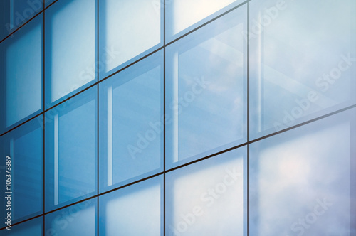 Closeup photo window of modern skyscraper business district in day light. Blue Skyscraper facade, office buildings. Modern glass silhouettes  skyscrapers. Horizontal mockup. 3d render