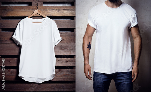 Photo of white tshirt hanging on wood background and bearded man wearing clear Tshirt. Vertical blank mockup