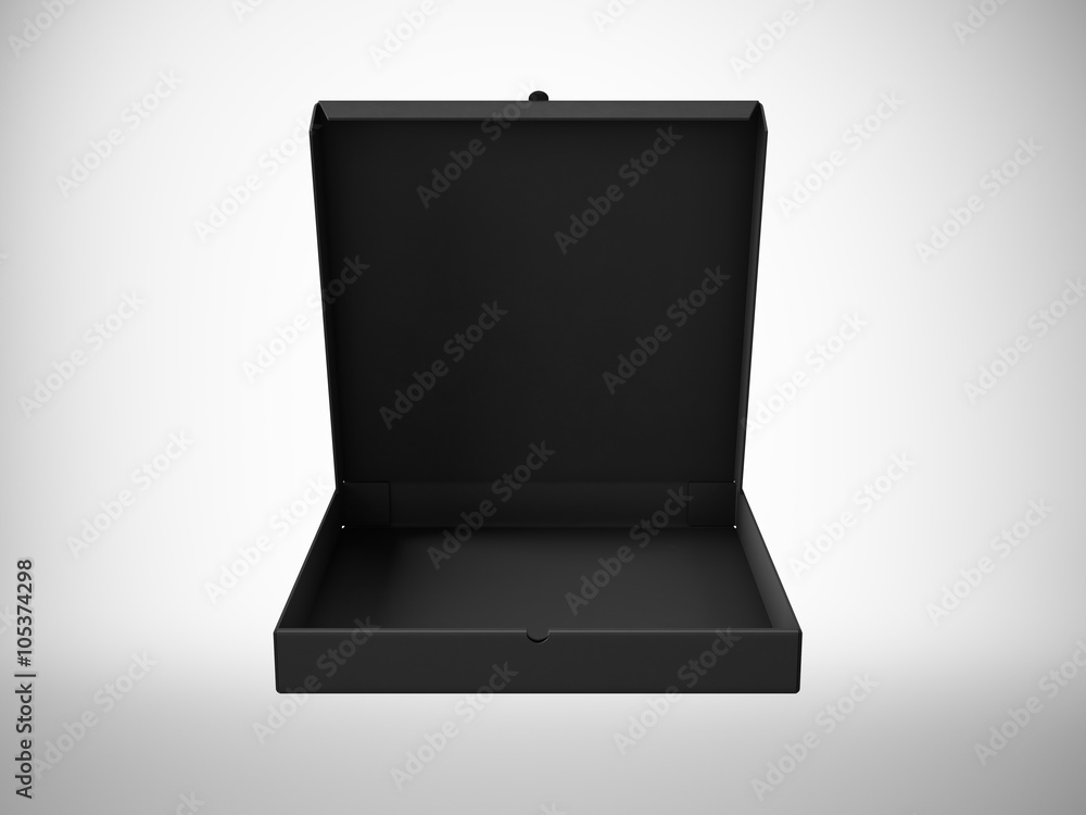Blank black open pizza paper box isolated on white background. Horizontal mock up. 3d render Blank black open pizza paper box isolated on white background. Horizontal mock up. 3d render