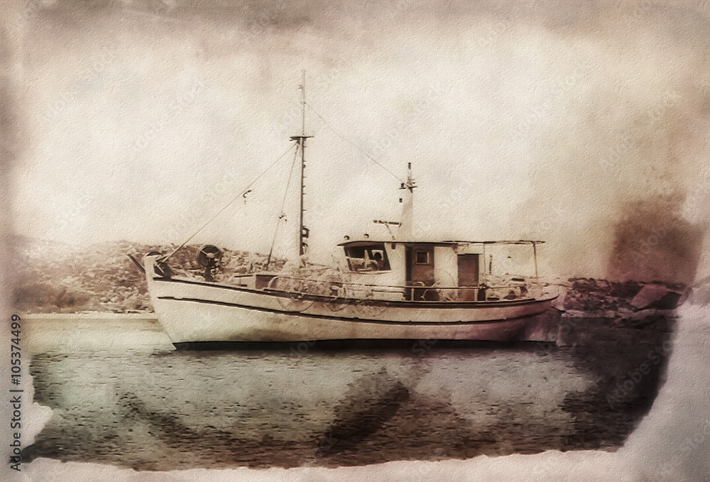 Obraz premium vintage fishing boat at mediterranean sea, retro illustration