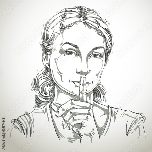 Vector art drawing, portrait of peaceful girl making hush sign