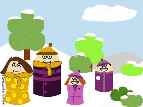 happy family playing with the snow