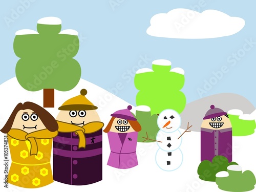 happy family playing with the snow and a snowman