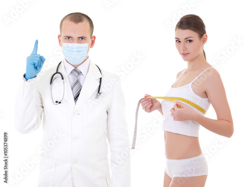 plastic surgery and danger concept - doctor and beautiful woman