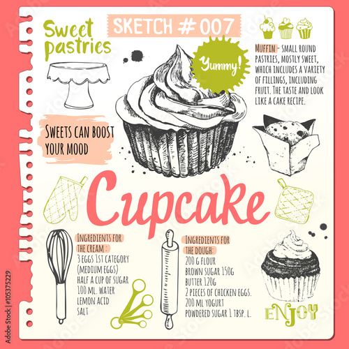 Food sketchbook with set of muffins and cupcakes. 