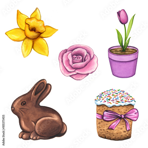 Easter watercolor elements isolated on white background. Spring clip arts with chocolate bunny  flowers  flower pot  easter cake. Hand drawn illustration clipart set.