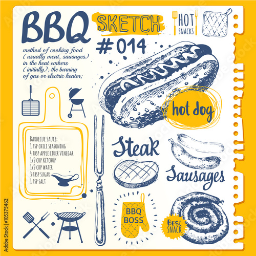 Food sketchbook with BBQ party.  Vector illustration wuth barbecue.