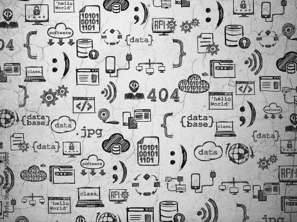 Grunge background:  wall texture with  Hand Drawn Programming Icons