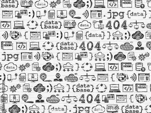 Grunge background: White Brick wall texture with  Hand Drawn Programming Icons