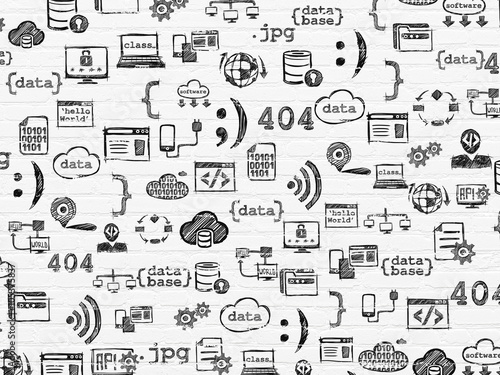 Grunge background: White Brick wall texture with Hand Drawn Programming Icons