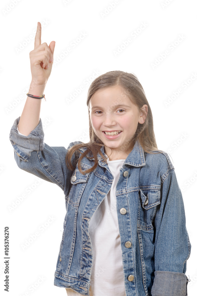 Portrait of a schoolgirl raising his finger, on white Portrait of a schoolgirl raising his finger, on white