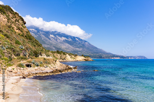 Mountains at coast with blue sea in Kefalonia Greece