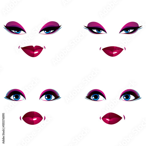 Set of vector beautiful female visage with stylish makeup  eyes