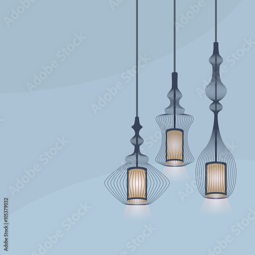 Set of detail hanging lanterns light chandeliers on blue background