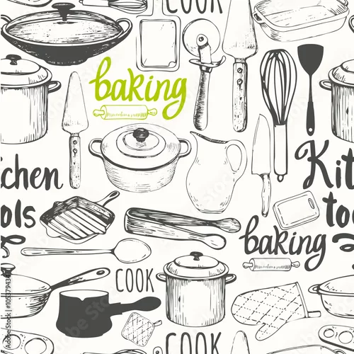 Tapety Bezszwowe tło z urządzeń kuchennych i narzędzi. Wzór menu.
