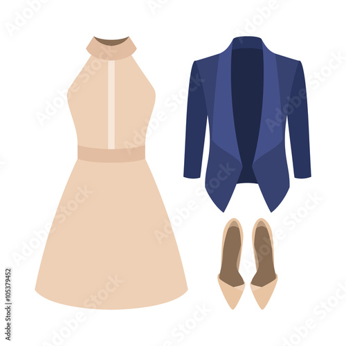 Set of trendy women's clothes. Outfit of woman jacket, dress and accessories. Women's wardrobe. Vector illustration