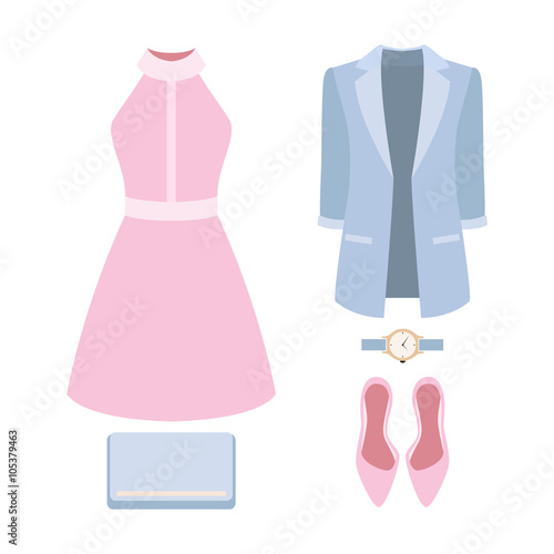Set of trendy women's clothes. Outfit of woman jacket, dress and accessories. Women's wardrobe. Vector illustration