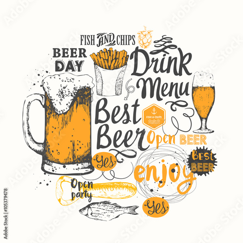 Different types of beer, cider and snack in sketch style.