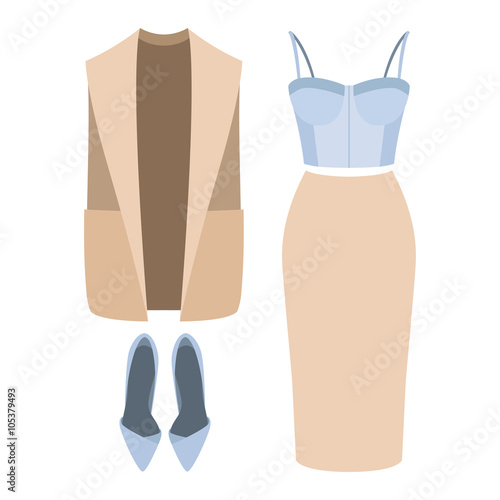 Set of trendy women's clothes. Outfit of woman vest coat, skirt, bustiers top and accessories. Women's wardrobe. Vector illustration