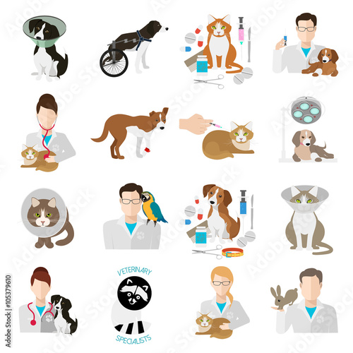 Veterinary icon flat set.  Vet clinic, pets and doctor isolated on white background. Vector illustration