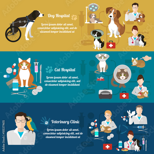 Set of horizontal banners. Pet care. Vet clinic. Grooming. Flat design. Vector illustration