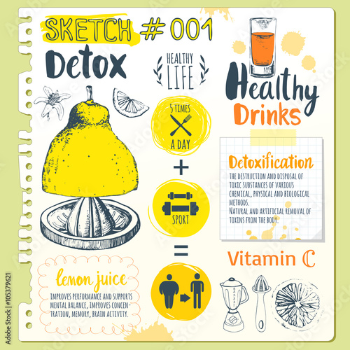 Food sketchbook. Useful drinks in sketch style.