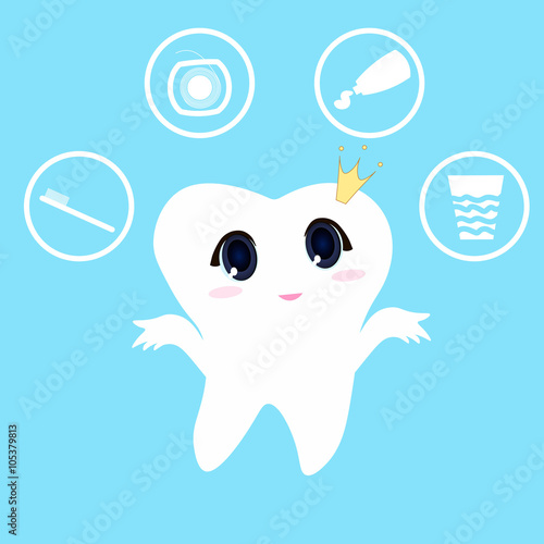 Children teeth care and hygiene cartoon flat vector icons.cute cartoon tooth brush and clean, great for health, dental care concept