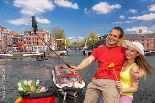 Selfie against canal in Amsterdam, Holland